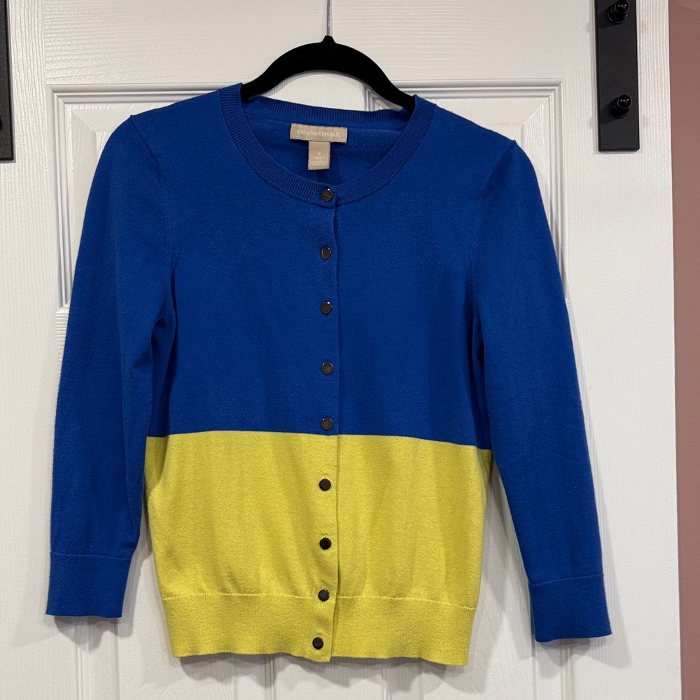 Banana Republic Blue and Yellow Block Print Cardigan